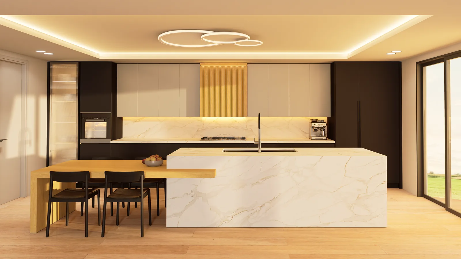Option 1: black lower cabinets, light uppers, matte black hardware