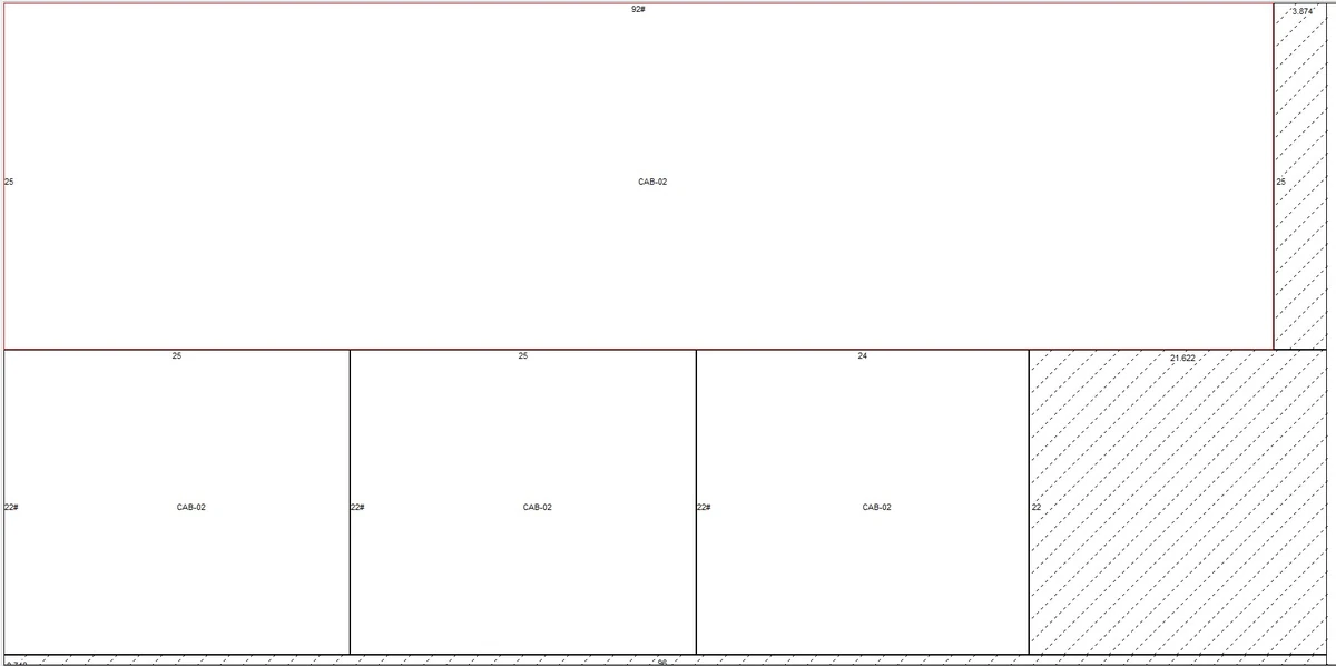 Nesting layout for a 96 inch sheet with labelled CAB-02 parts and hatched offcuts
