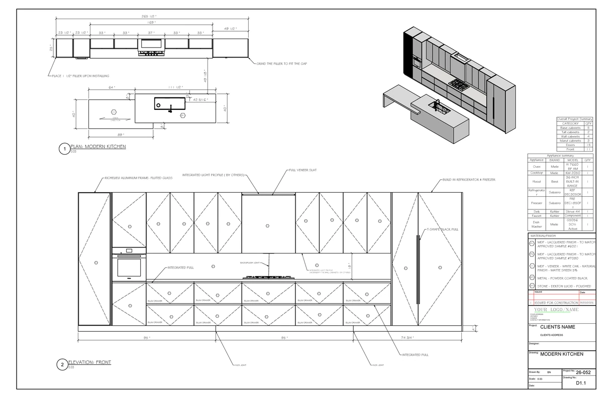 Installation drawing D1.1: plan with filler notes, isometric, front elevation with hardware callouts, appliance summary and material schedule