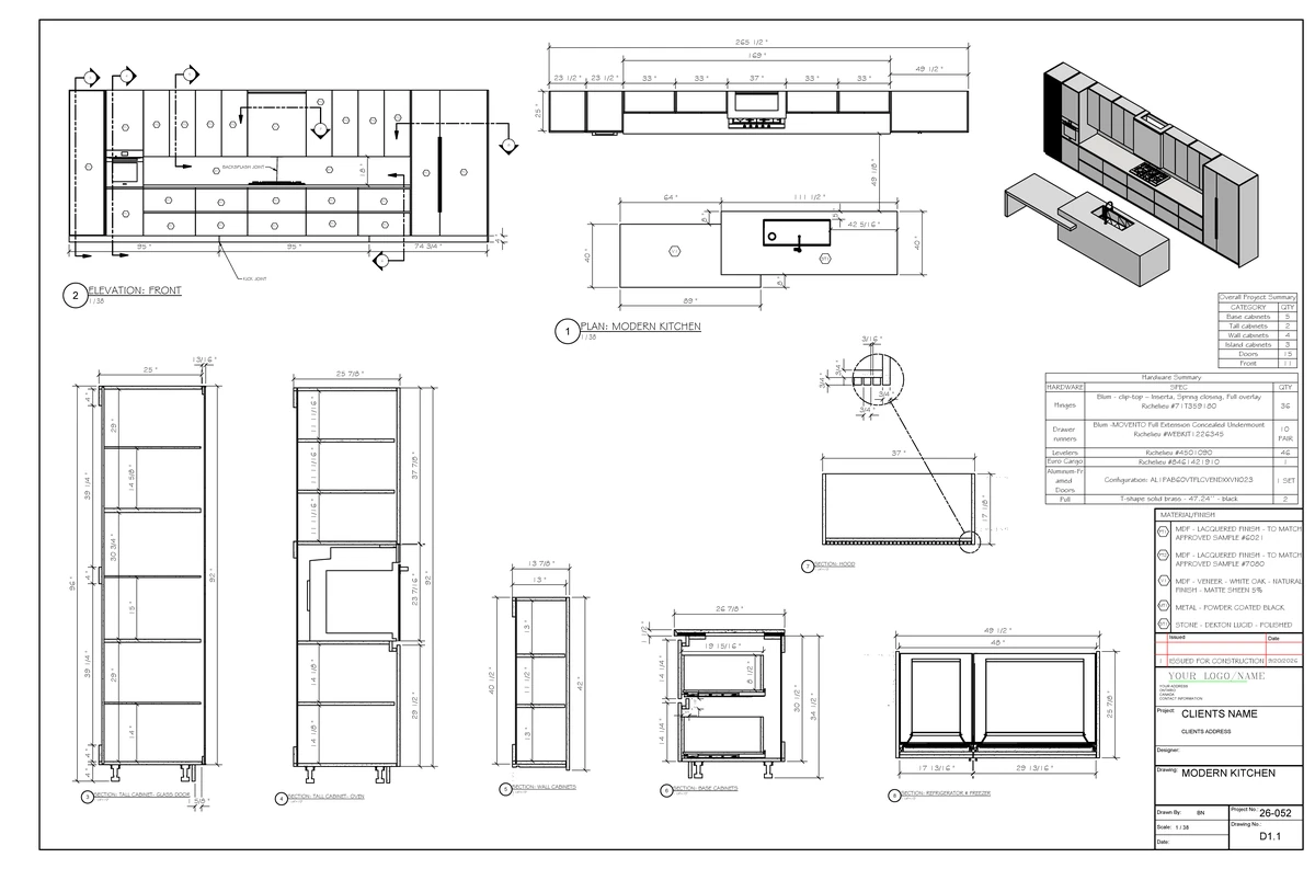Production drawing D1.1: front elevation, plan, isometric and cabinet sections with dimensions, project and hardware summaries, material schedule