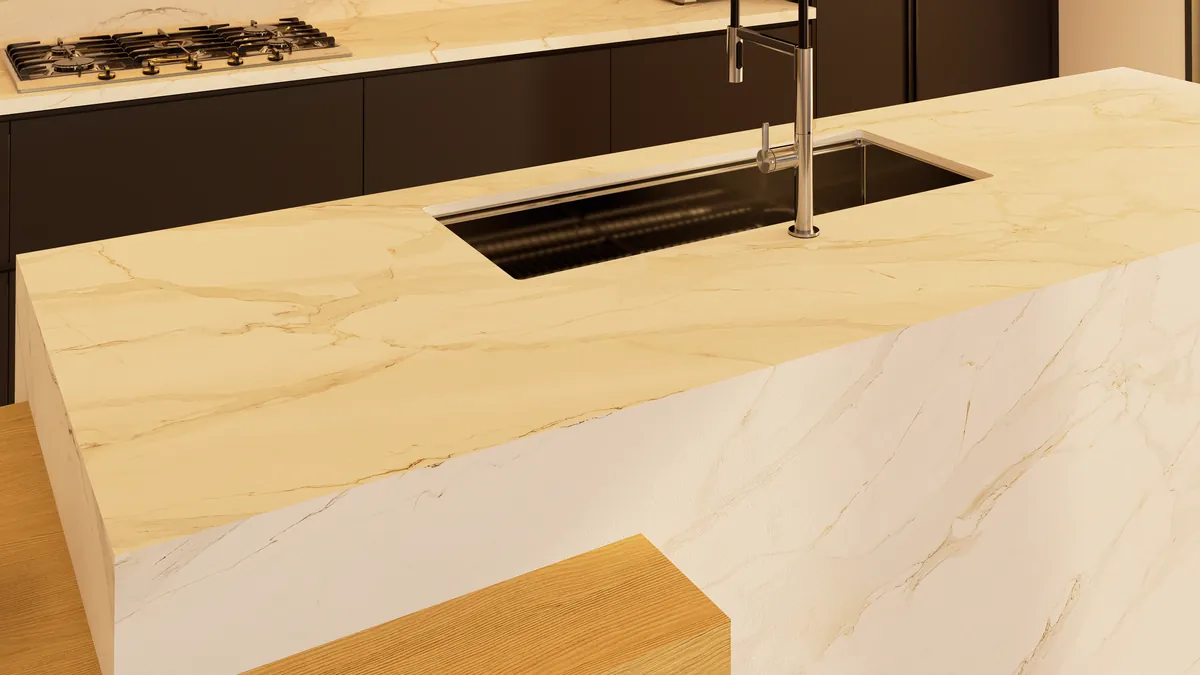 Close-up of the waterfall island in bookmatched marble