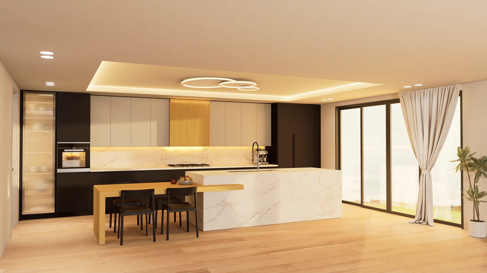 Overview render of the modern kitchen with tall black cabinets, waterfall marble island and oak dining table
