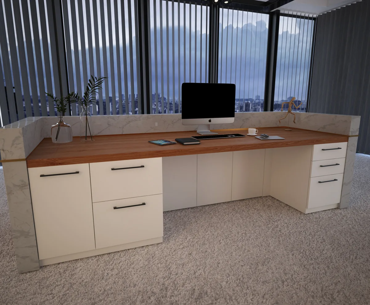 Staff side of the reception desk: oak work surface, white drawer and door cabinets with black pulls