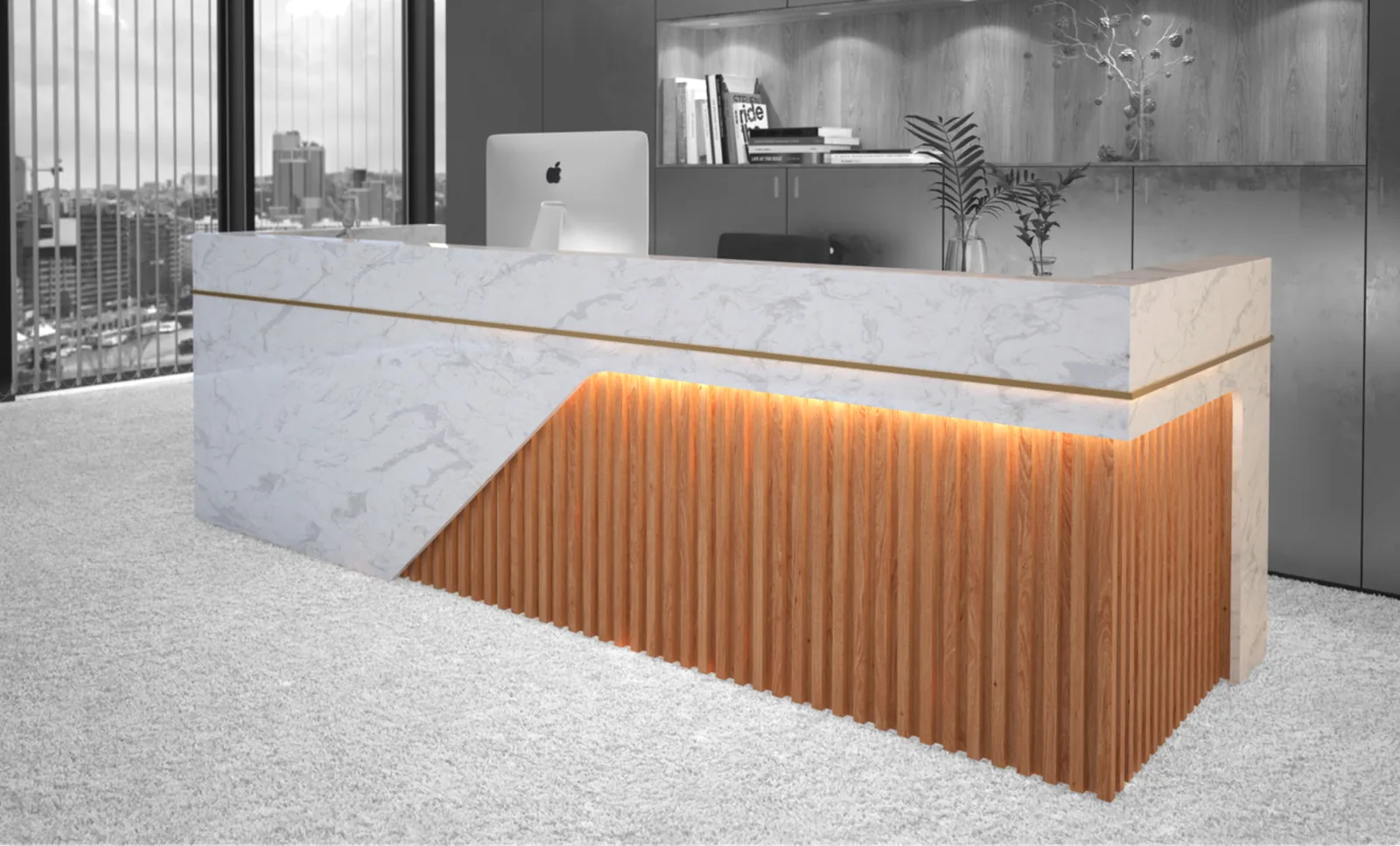 Reception desk render: white marble shell with a brass inlay line and backlit fluted oak front